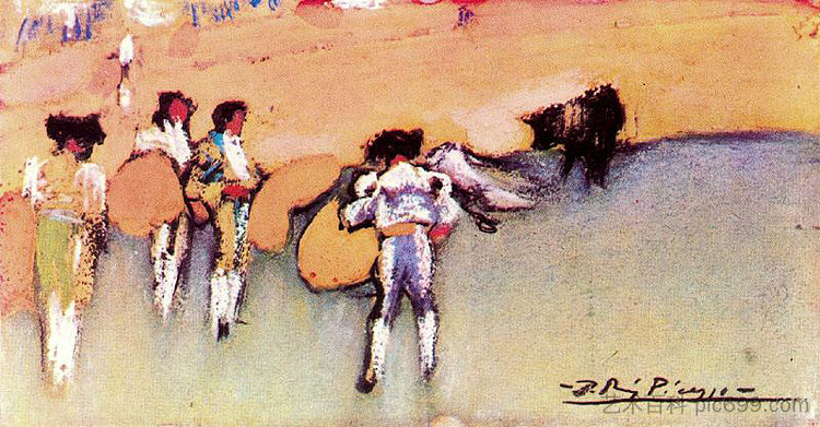 斗牛士和公牛等待下一步行动 Bullfighters and bull waiting for the next move (1900)，巴勃罗·毕加索