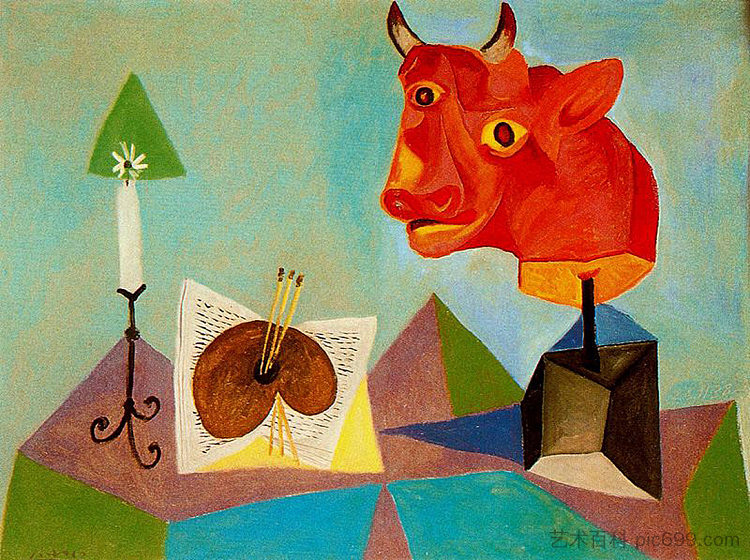 蜡烛,调色板,红牛的头 Candle, palette, head of red bull (1938),巴勃罗·毕加索
