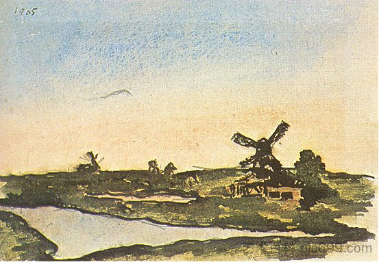 荷兰风车景观 Dutch landscape with windmills (1905)，巴勃罗·毕加索