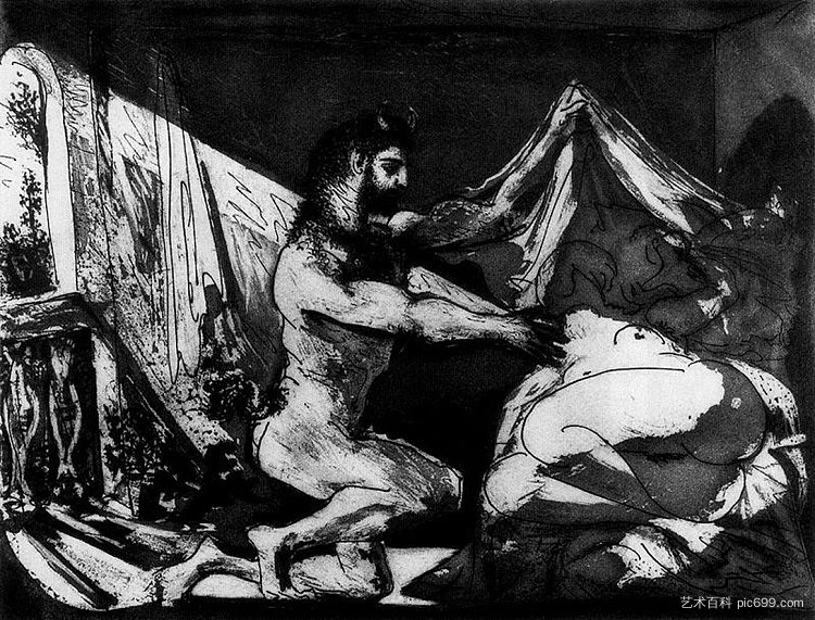 Faun unveiling a sleeping girl (Jupiter and Antiope, after Rembrandt) Faun unveiling a sleeping girl (Jupiter and Antiope, after Rembrandt) (1936)，巴勃罗·毕加索