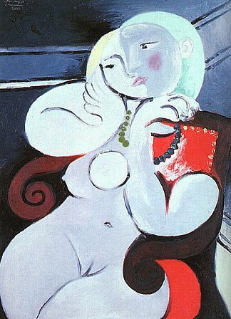 女性裸体坐在红色扶手椅上 Female nude sitting in red armchair (1932)，巴勃罗·毕加索