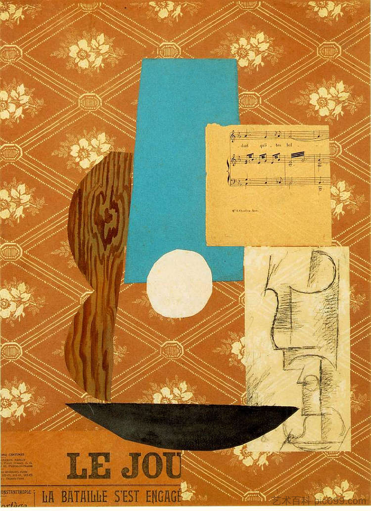 吉他、乐谱和酒杯 Guitar, Sheet music and Wine glass (1912)，巴勃罗·毕加索