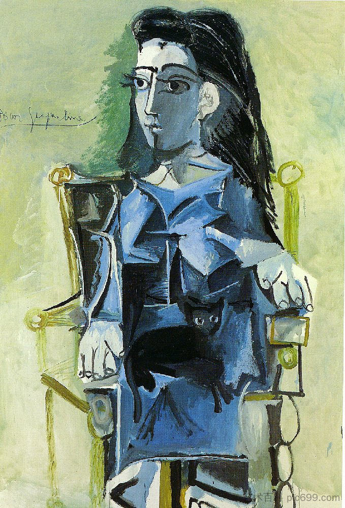 杰奎琳和她的猫坐在一起 Jacqueline sitting with her cat (1964)，巴勃罗·毕加索