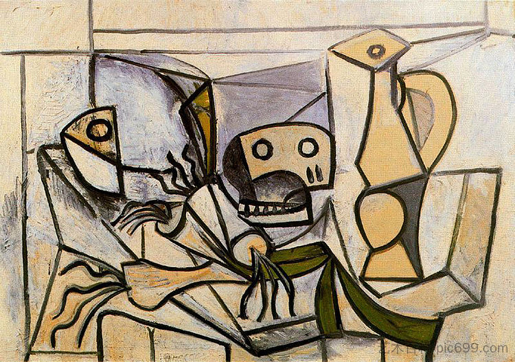 韭菜、鱼头、骷髅头和捕手 Leeks, fish head, skull and pitcher (1945),巴勃罗·毕加索