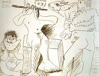 男人和羊肉，男人吃西瓜和长笛手 Man with lamb, man eating watermelon and flutist (1967)，巴勃罗·毕加索