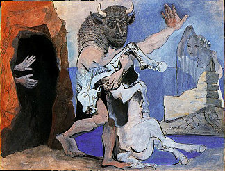 牛头怪与死马在一个山洞前面对一个戴面纱的女孩 Minotaur with dead horse in front of a cave facing a girl in veil (1936)，巴勃罗·毕加索