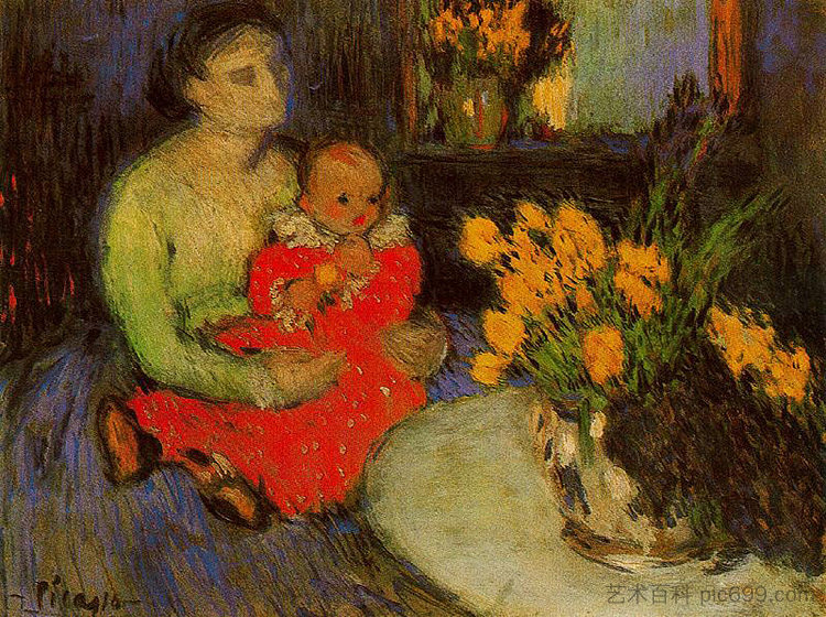 花束背后的母子 Mother and child behind the bouquet of flowers (1901)，巴勃罗·毕加索