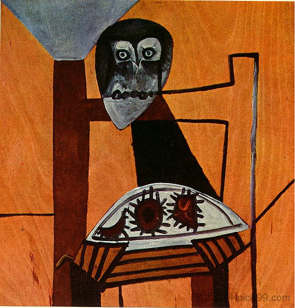 椅子上的猫头鹰和海胆 Owl on a chair and sea urchins (1946)，巴勃罗·毕加索