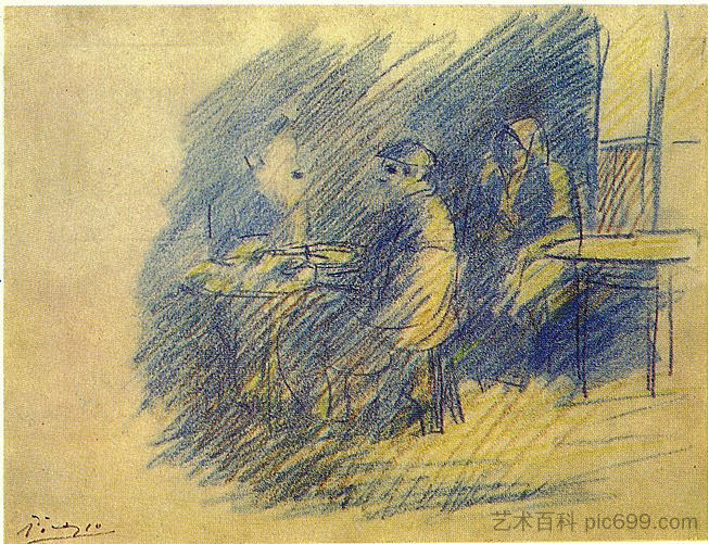 毕加索和S.朱尼尔-维达尔坐在塞莱斯蒂娜附近 Picasso and S. Junier-Vidal sitting near Celestina (1904)，巴勃罗·毕加索