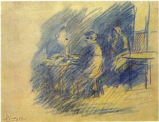 毕加索和S.朱尼尔-维达尔坐在塞莱斯蒂娜附近 Picasso and S. Junier-Vidal sitting near Celestina (1904)，巴勃罗·毕加索