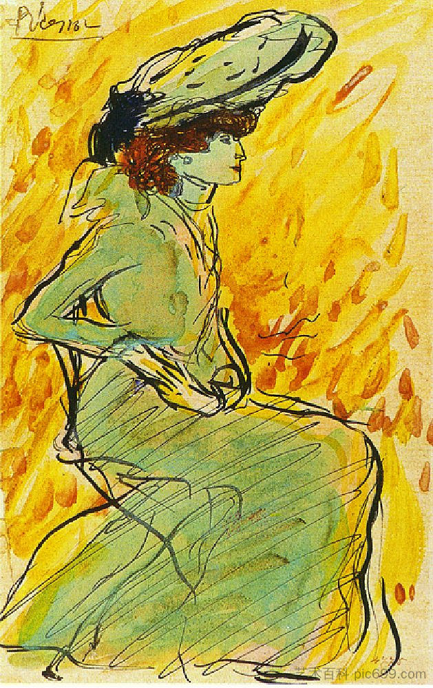 绿衣女子 Seated woman in green (1901)，巴勃罗·毕加索