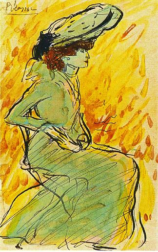 绿衣女子 Seated woman in green (1901)，巴勃罗·毕加索