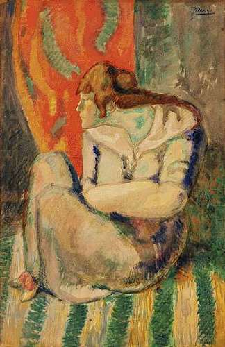 坐在条纹地板上的女人 Seated woman on a striped floor (1903)，巴勃罗·毕加索