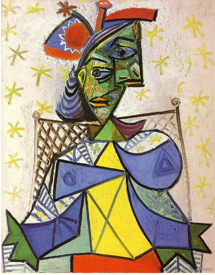 戴着蓝色和红色帽子的坐着的女人 Seated woman with blue and red hat (1939),巴勃罗·毕加索