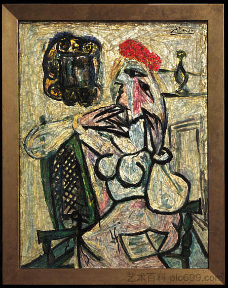 戴红帽子的坐着的女人 Seated Woman with Red Hat (c.1954 - c.1956)，巴勃罗·毕加索