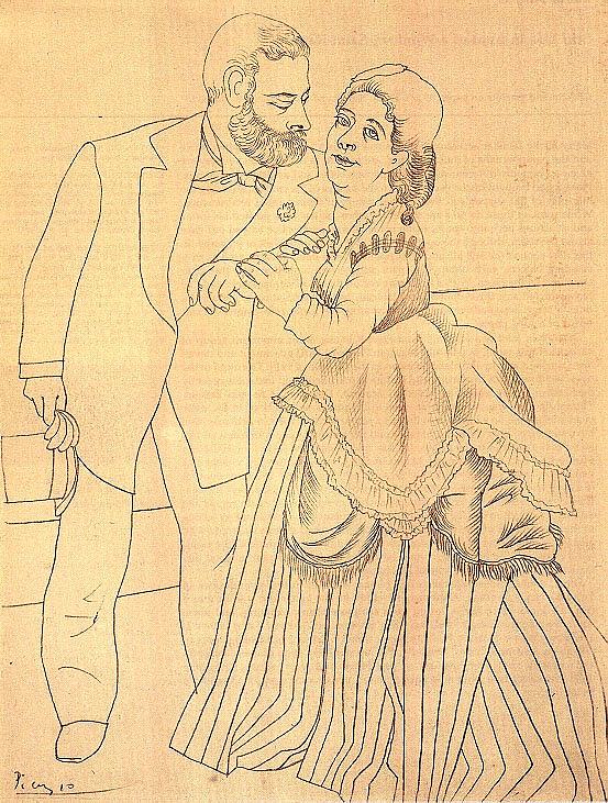 在奥古斯特·雷诺阿的《订婚者》之后，西斯利的配偶 Spouses Sisley after the 'The Betrothed' by Auguste Renoir (1919)，巴勃罗·毕加索