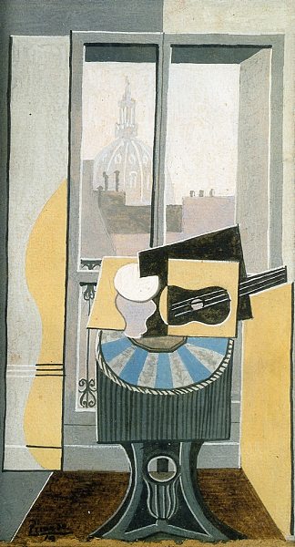 窗前的静物，俯瞰圣奥古斯丁教堂 Still life in front of a Window overlooking the Eglise St. Augustin (1919)，巴勃罗·毕加索