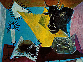 静物与牛头，书籍和蜡烛范围 Still life with a bull’s head, book and candle range (1938)，巴勃罗·毕加索