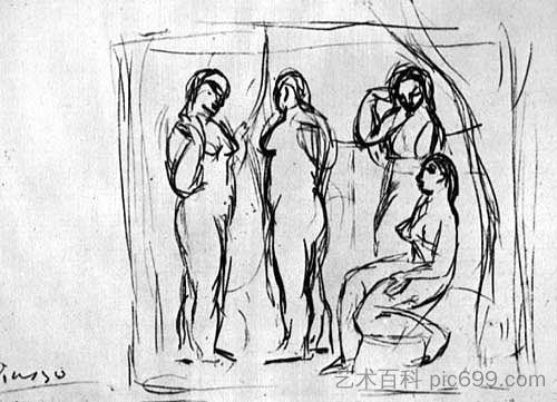 学习“来自阿维尼翁的女孩” Study to "Girls from Avignon" (1906)，巴勃罗·毕加索