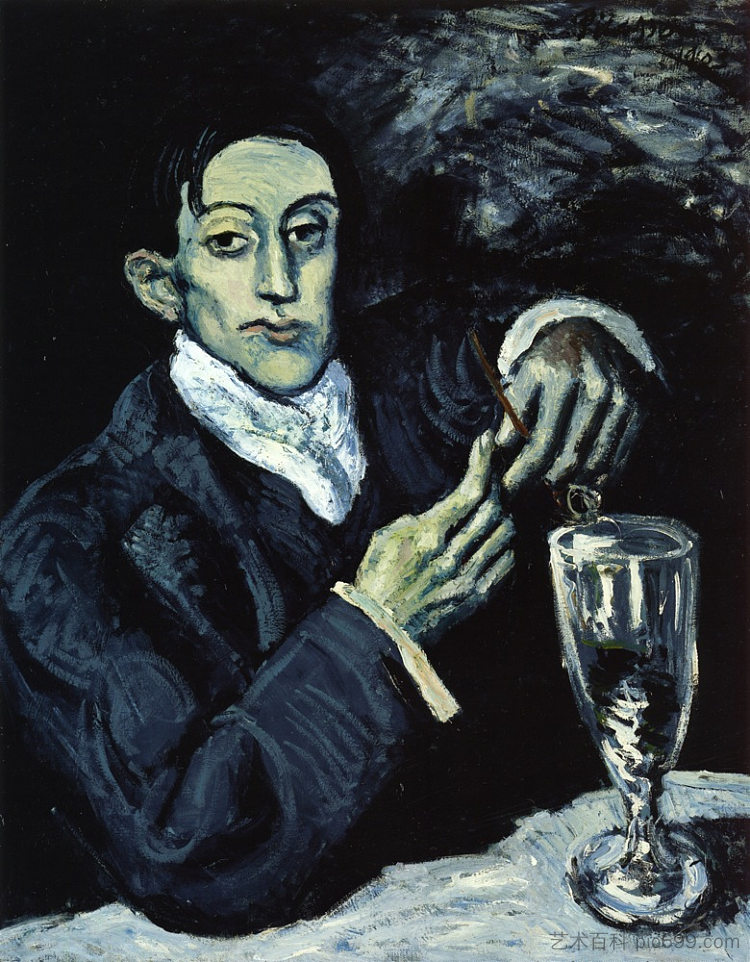 苦艾酒饮用者（天使费尔南德斯·德索托的肖像） The Absinthe Drinker (Portrait of Angel Fernandez de Soto) (1903)，巴勃罗·毕加索