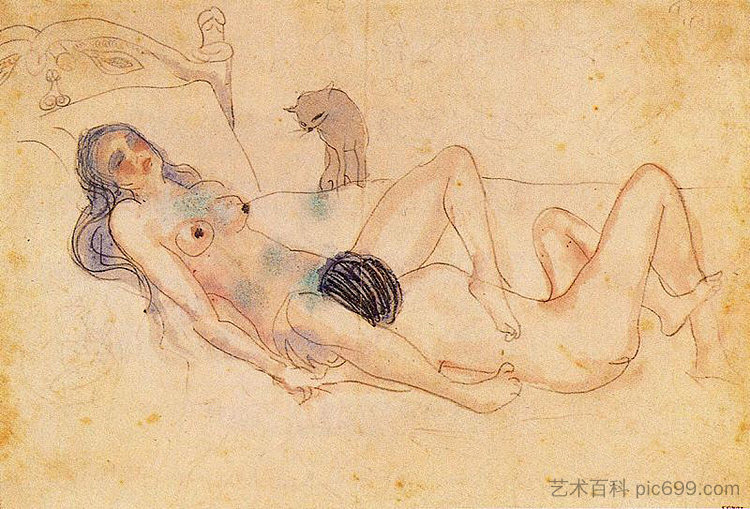 两个裸体和一只猫 Two nudes and a cat (1903)，巴勃罗·毕加索