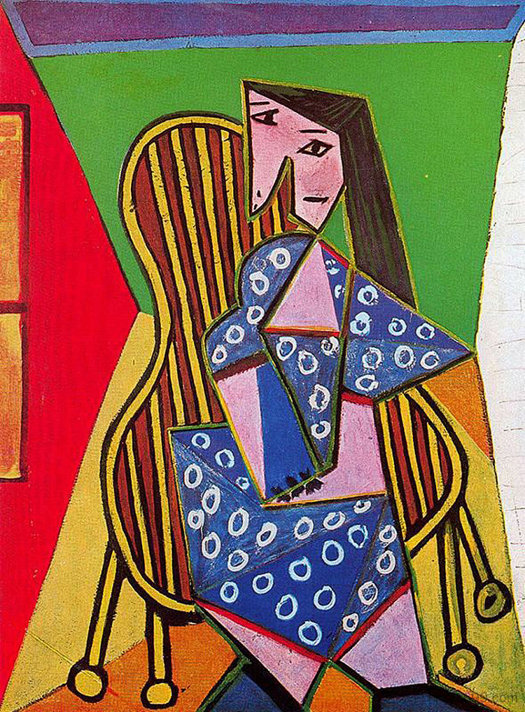 女人在条纹扶手椅 Woman in striped armchair (1941)，巴勃罗·毕加索