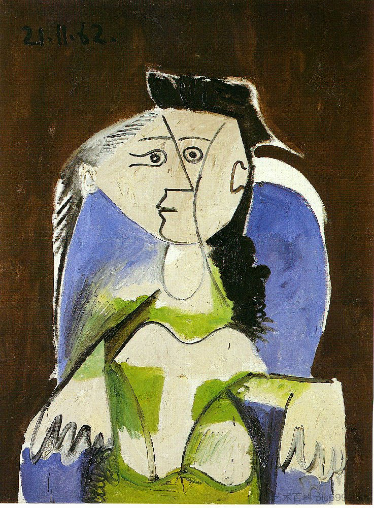 坐在蓝色扶手椅上的女人 Woman sitting in blue armchair (1962)，巴勃罗·毕加索