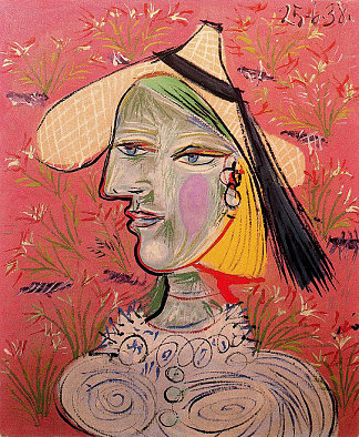 花背景上的草帽的女人 Woman with straw hat on flowery background (1938)，巴勃罗·毕加索