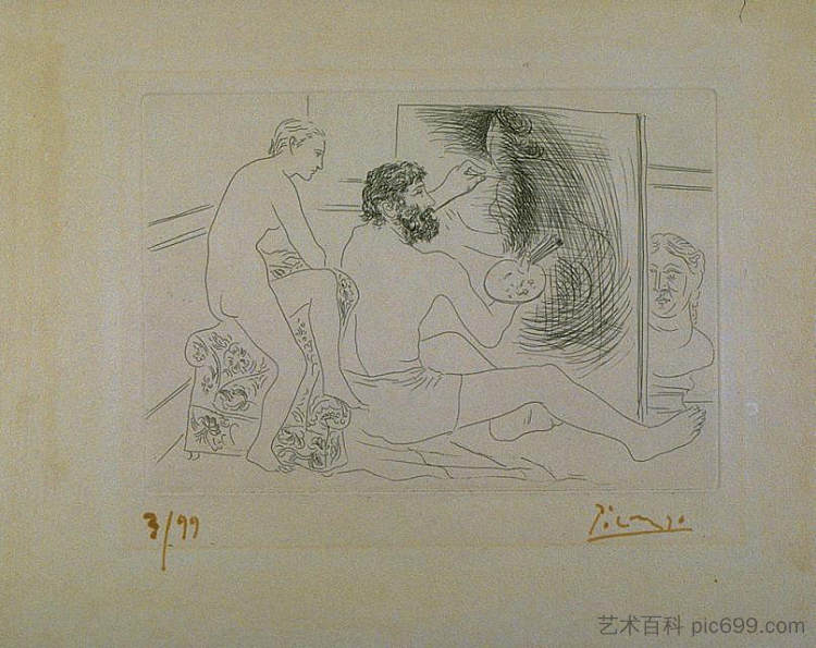 被裸体模特观察的工作画家 Working painter observed by a nude model (c.1928)，巴勃罗·毕加索