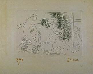 被裸体模特观察的工作画家 Working painter observed by a nude model (c.1928)，巴勃罗·毕加索