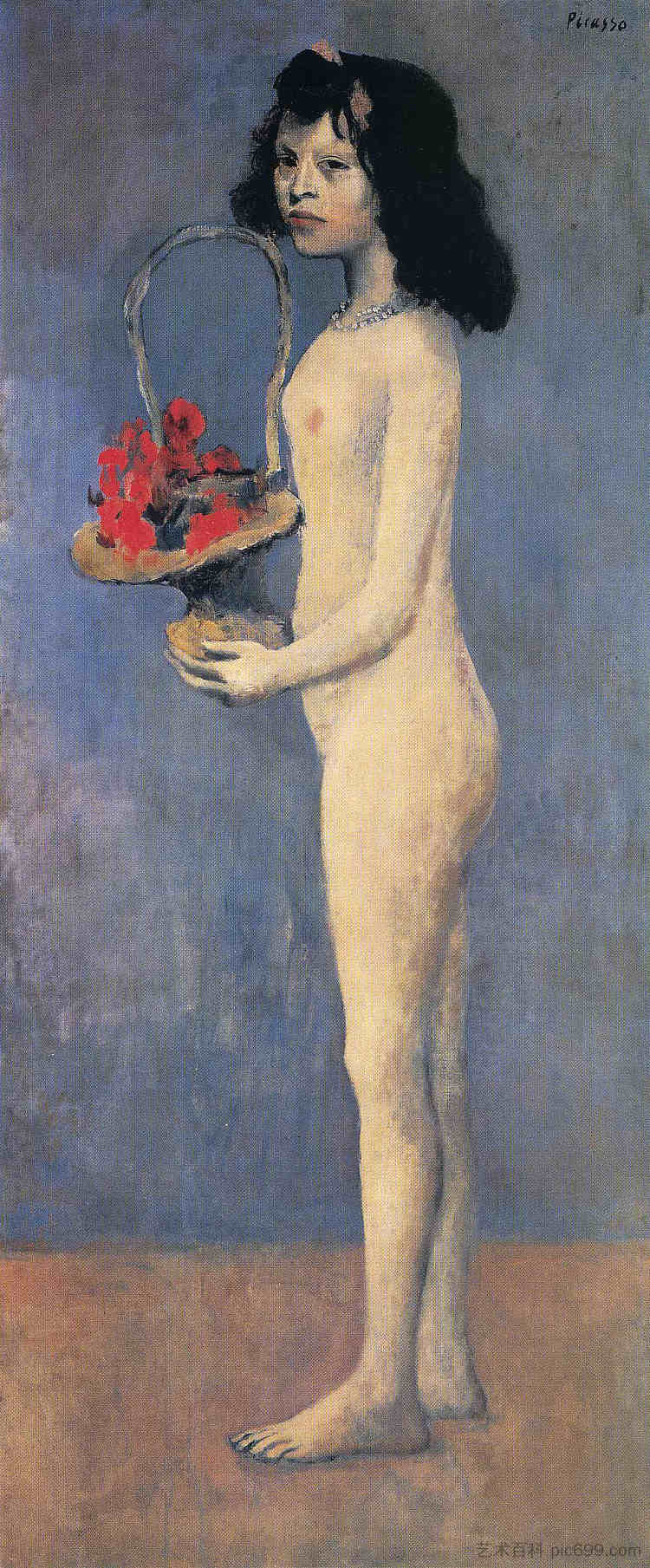 年轻的裸体女孩与花篮 Young naked girl with flower basket (1905),巴勃罗·毕加索
