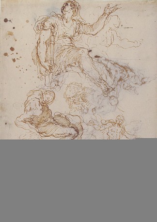坐着的女性拿着一本书，两个大胡子男人的头，坐着的男性裸体，以及四幅基督审判的素描（recto）;该隐杀亚伯的研究（反面） Seated Female Holding a Book, Two Heads of Bearded Men, Seated Male Nude, and Four Sketches for Christ Judging (recto); Studies for Cain Slaying Abel (verso) (1628)，Palma il Giovane