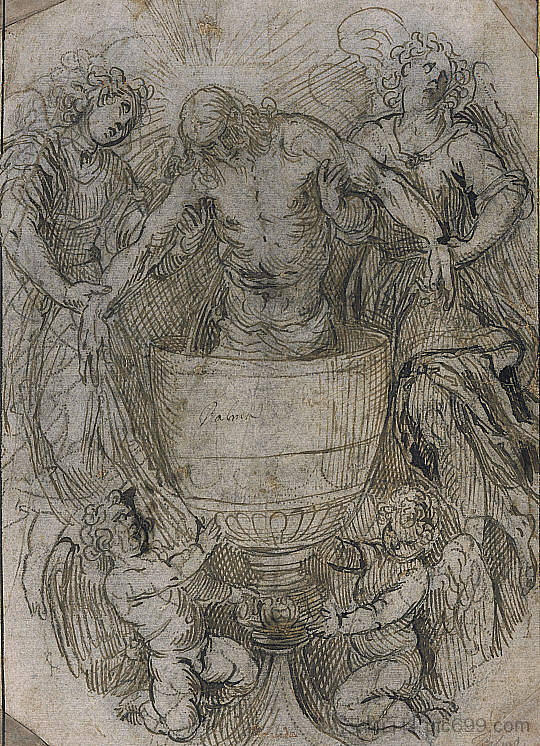 基督站在天使支持的圣杯中 Christ Standing in a Chalice Supported by Angels，Palma il Giovane