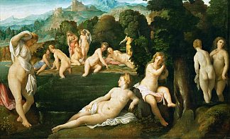戴安娜和卡利斯托 Diana and Callisto (c.1525 – c.1528; Italy                     )，老棕榈
