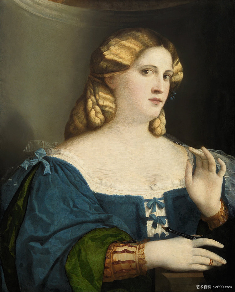 穿着蓝色连衣裙的年轻女子，带扇子 Young Woman in a Blue Dress, with Fan (1514)，老棕榈