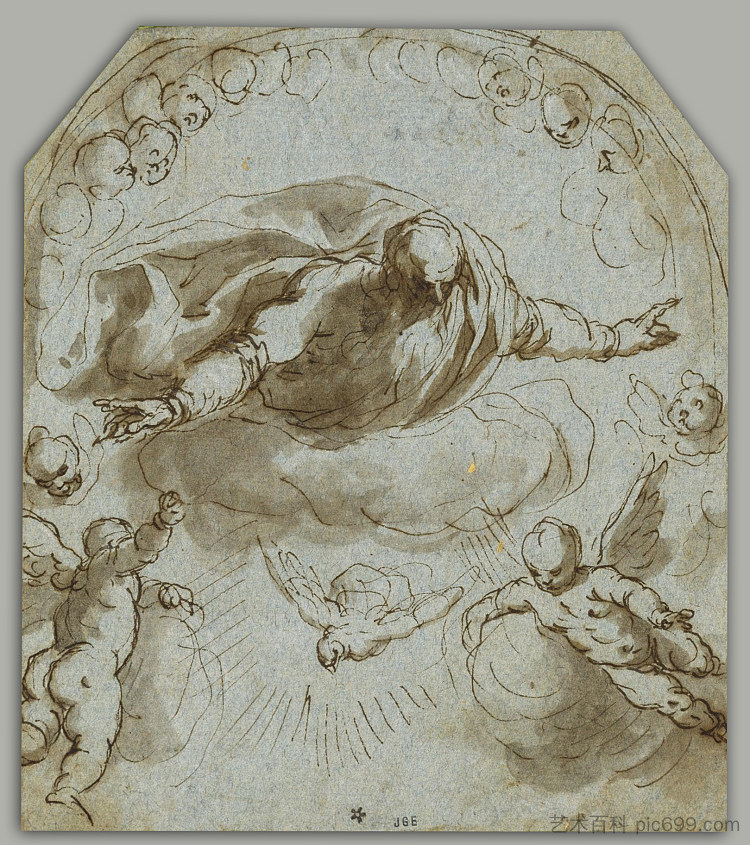 父神与鸽子，两个普提和一个基路伯的灵云 God the Father with the Dove, Two Putti and a Nimbus of Cherubim，老棕榈