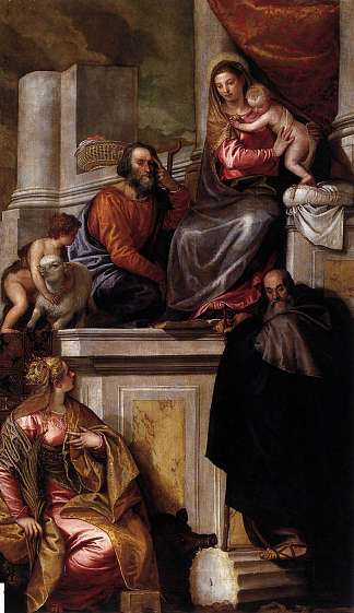 圣家庭与圣安东尼·阿博特、凯瑟琳和婴儿施洗约翰 Holy Family with Sts Anthony Abbot, Catherine and the Infant John the Baptist (1551)，保罗·委罗内塞