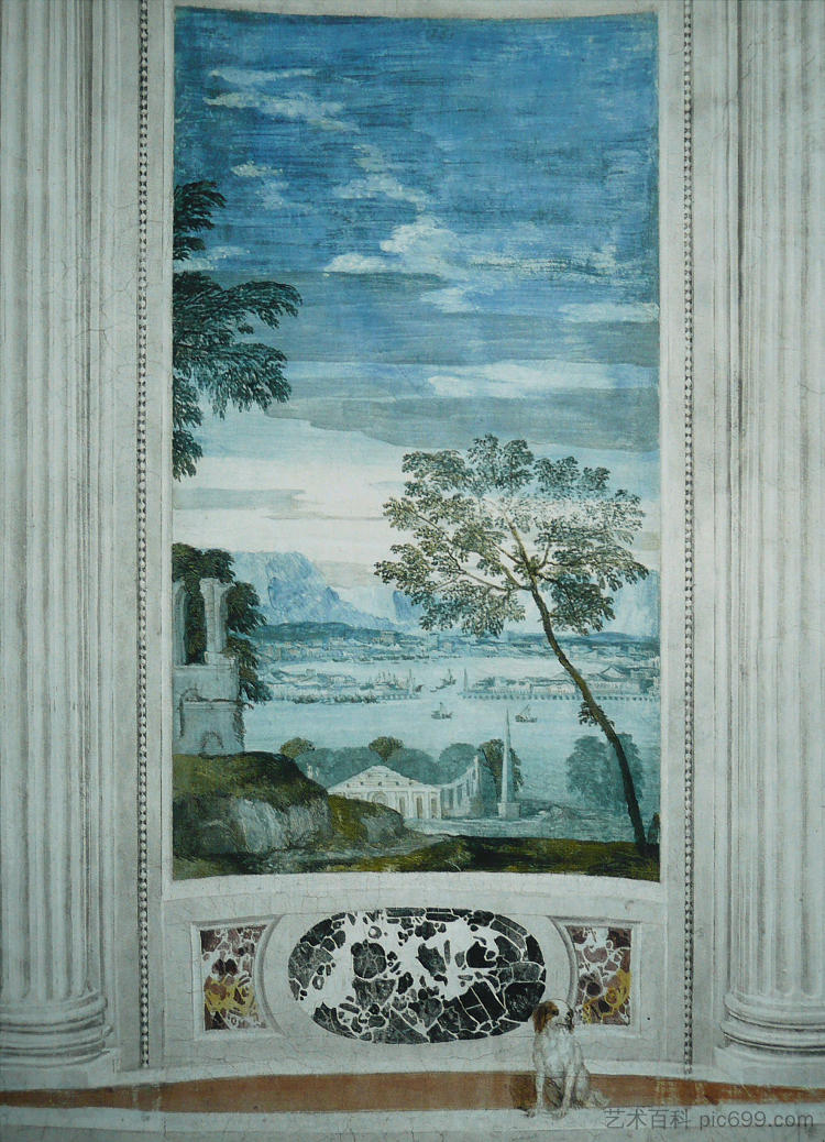 风景（巴巴罗别墅的壁画） Landscape (fresco at Villa Barbaro) (c.1565)，保罗·委罗内塞