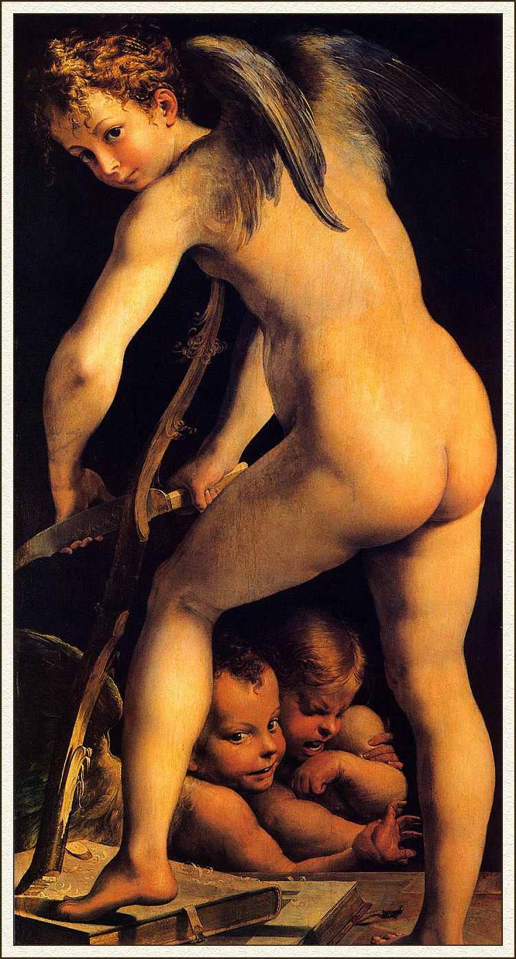 阿莫尔雕刻他的弓 Amor Carving His Bow (1523 - 1524)，帕米贾尼诺