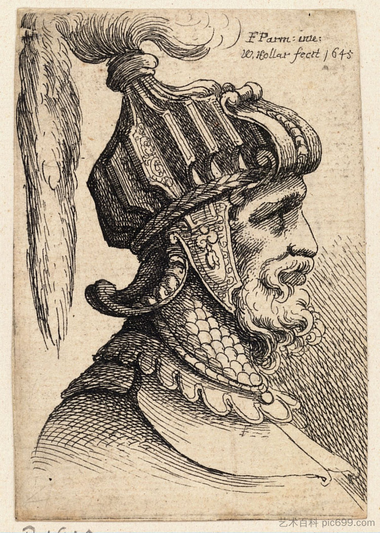 带长羽毛和下巴带的头盔 Helmet with long plume and chin strap，帕米贾尼诺