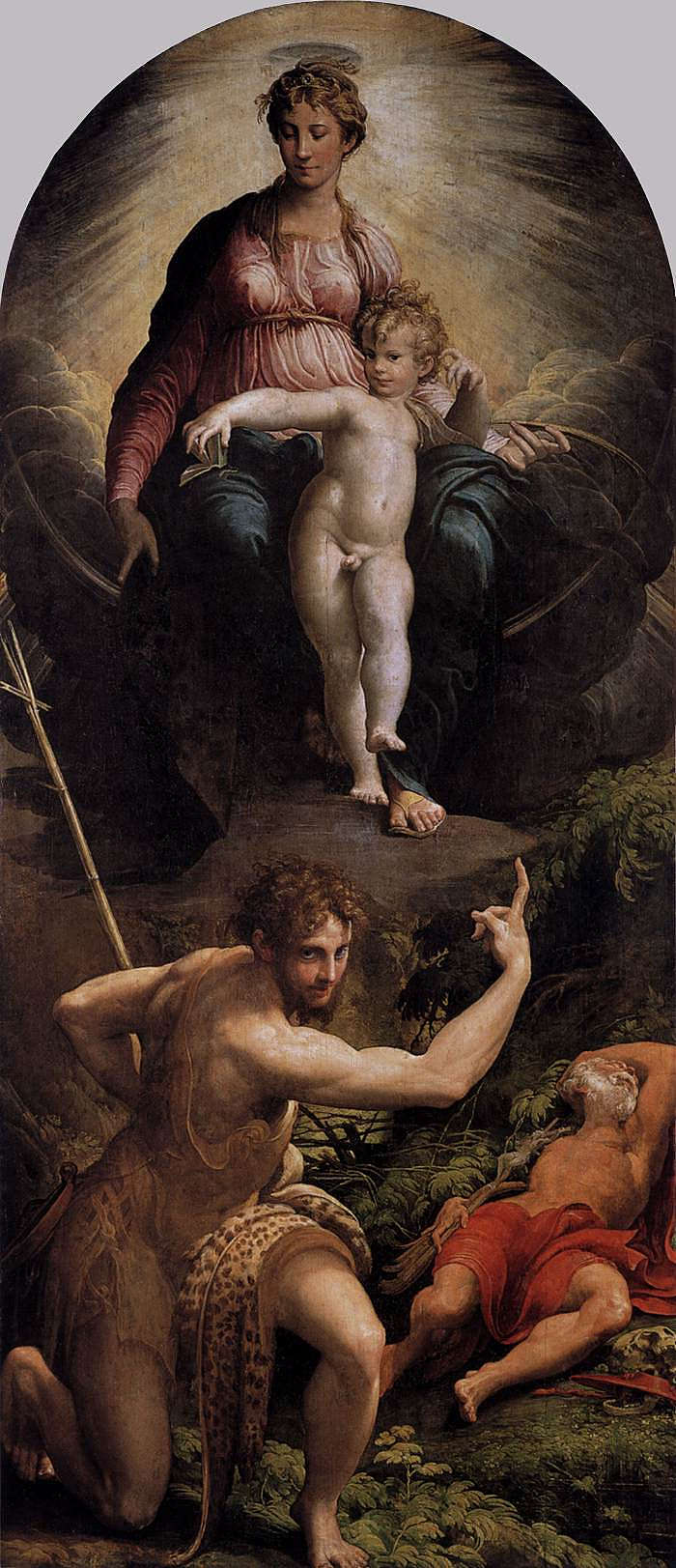 麦当娜和孩子与施洗者圣约翰和圣杰罗姆 Madonna and Child with St. John the Baptist and St. Jerome (1526 - 1527)，帕米贾尼诺