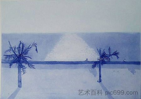 孟买的后湾，来自“印度，母亲”套房的 7 种水彩 Back Bay in Bombay from the 'India, Mother' suite of 7 aquatints (1970)，帕特里克·普罗克托