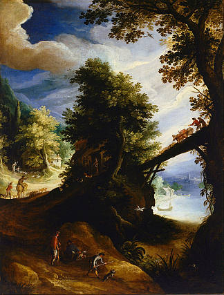 树木繁茂的景观，河边有一座桥和运动员 A wooded landscape with a bridge and sportsmen at the edge of the river (1590)，保罗·布利尔