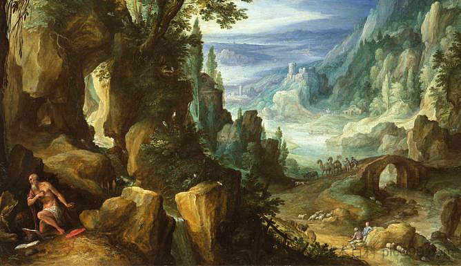 景观与圣杰罗姆和岩石峭壁 Landscape with St. Jerome and rocky crag (1592)，保罗·布利尔