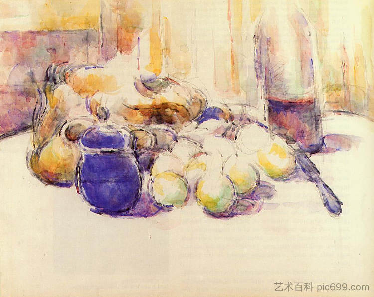 蓝壶和一瓶葡萄酒 Blue Pot and Bottle of Wine (1902),保罗·塞尚
