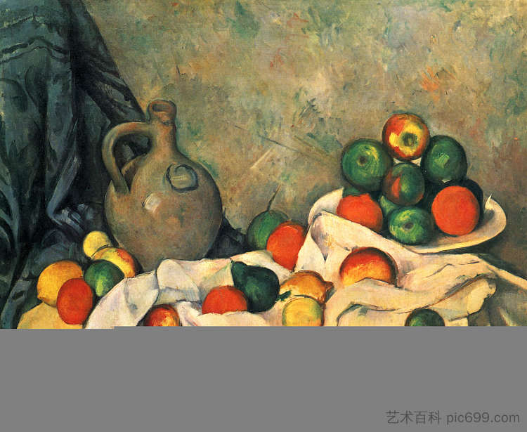 窗帘、水壶和水果 Curtain, Jug and Fruit (1894)，保罗·塞尚