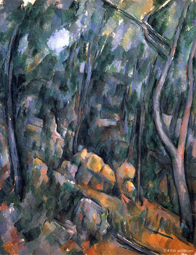 黑城堡上方岩石洞穴附近的森林 Forest near the rocky caves above the Chateau Noir (1904)，保罗·塞尚