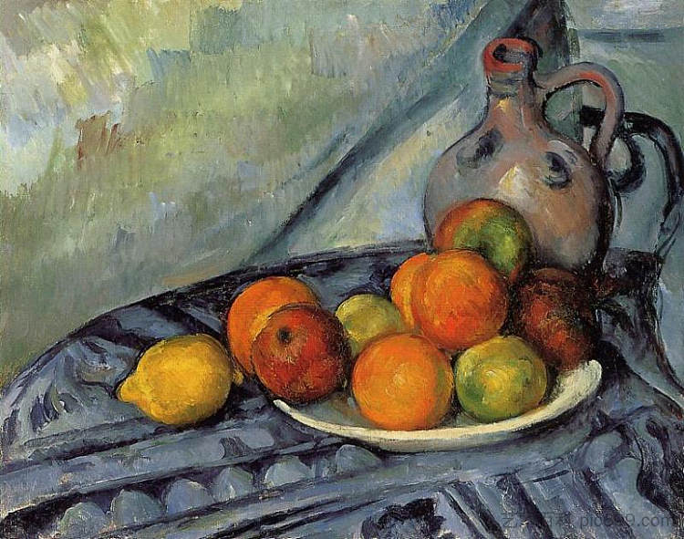 桌子上的水果和水壶 Fruit and Jug on a Table (c.1894)，保罗·塞尚