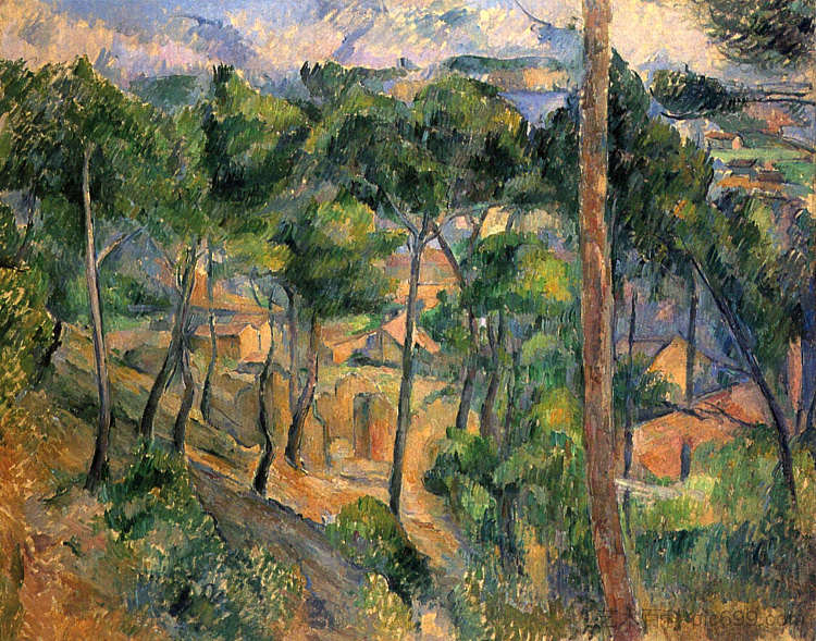 通过松树欣赏的埃斯塔克景观 L'Estaque View Through The Pines (1883),保罗·塞尚