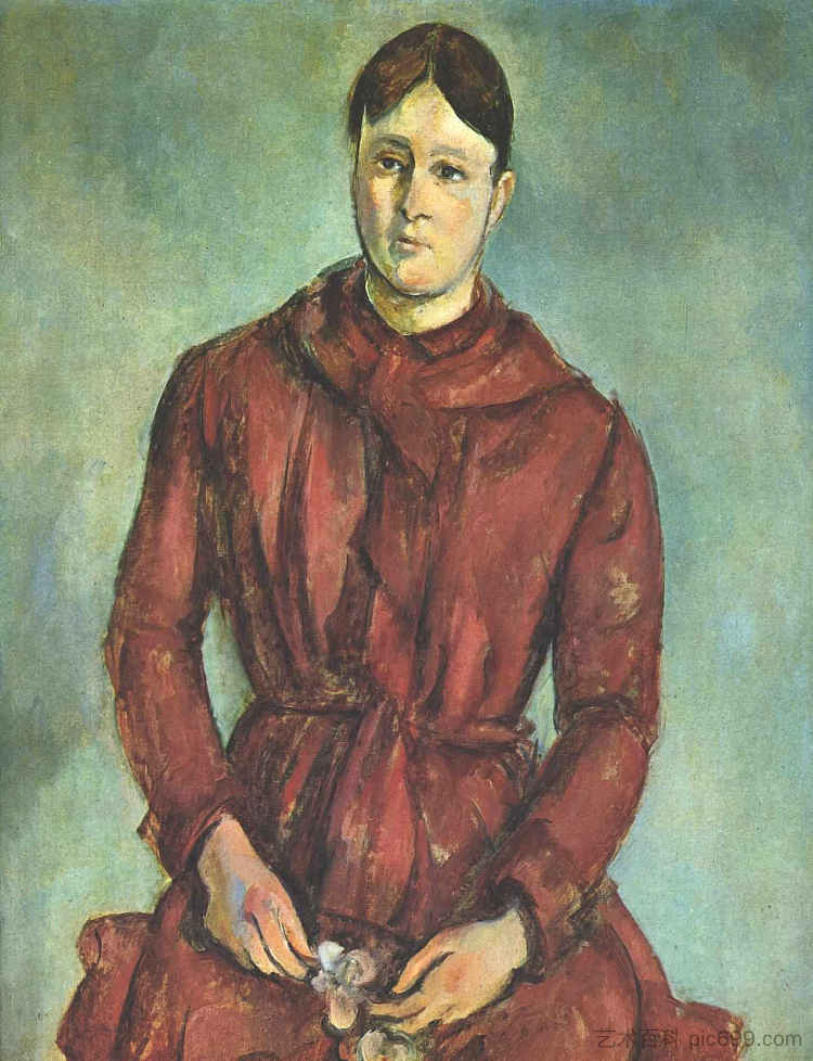 穿着红色连衣裙的塞尚夫人的肖像 Portrait of Madame Cezanne in a Red Dress (c.1890)，保罗·塞尚